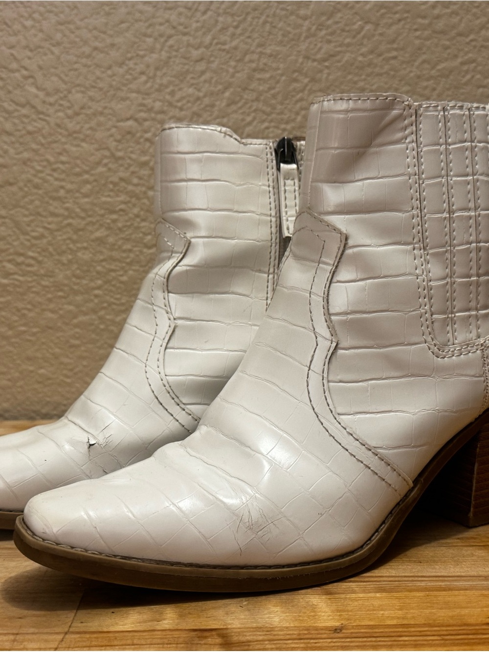 White Croc-Embossed Ankle Boots